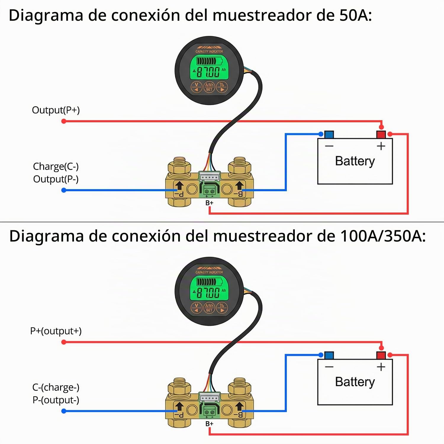 QWORK® Monitor de batería, Rango de corriente de voltaje 8V-80V, 0-350A, Voltímetro amperímetro, con cable personalizado de 4 m, Para Caravana RV, Auto
