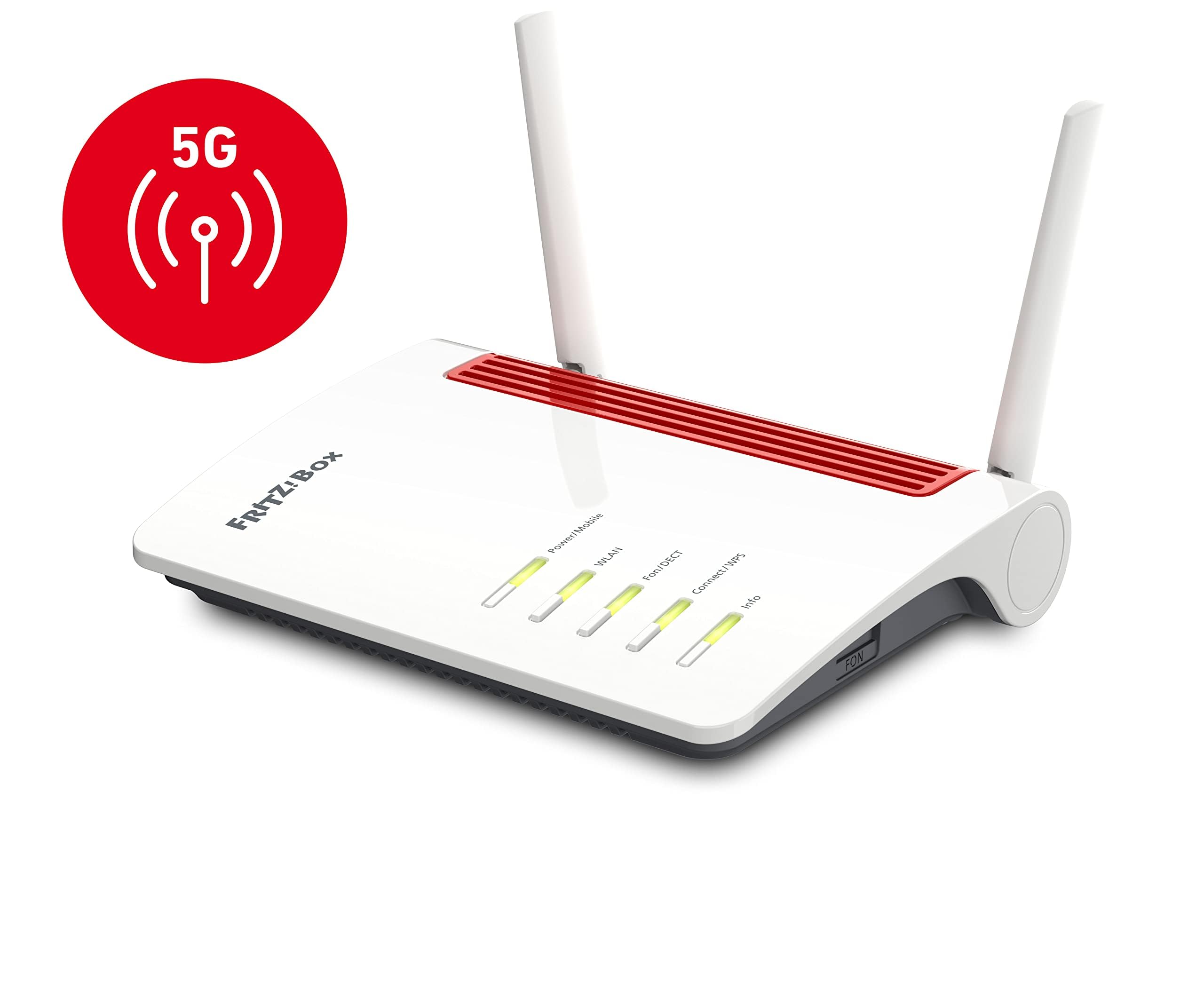 FRITZ!Box 6850 5G (Mobilfunk-Internet bis zu 1.300 MBit/s, WLAN AC+N bis 866 MBit/s (5 GHz) & 400 MBit/s (2,4 GHz), 4 x Gigabit-LAN, DECT-Basis, USB 3.0, geeignet für Deutschland, v2)