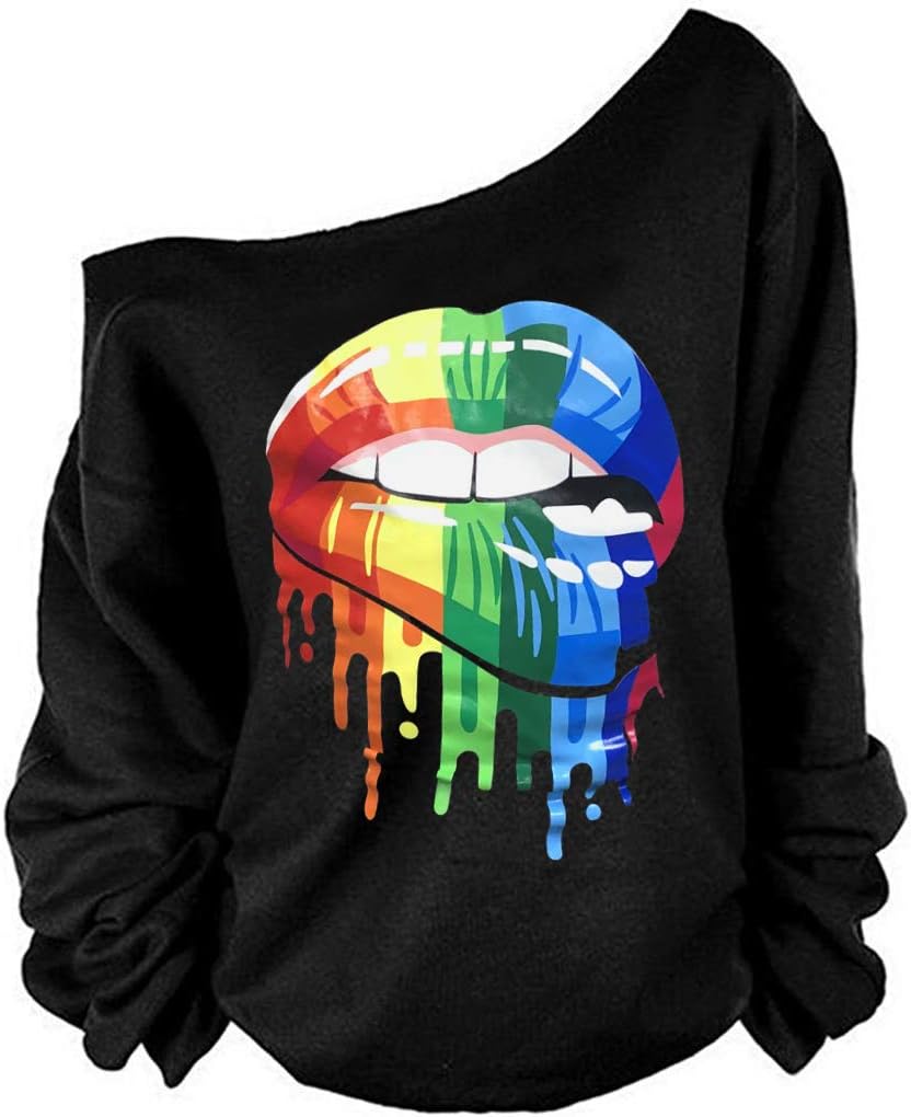 MAGICMKWoman’s Sweatershirt Lips Print Causal Blouse Off The Shoulder Long Sleeve Loose Slouchy Pullover Plus Size Tops