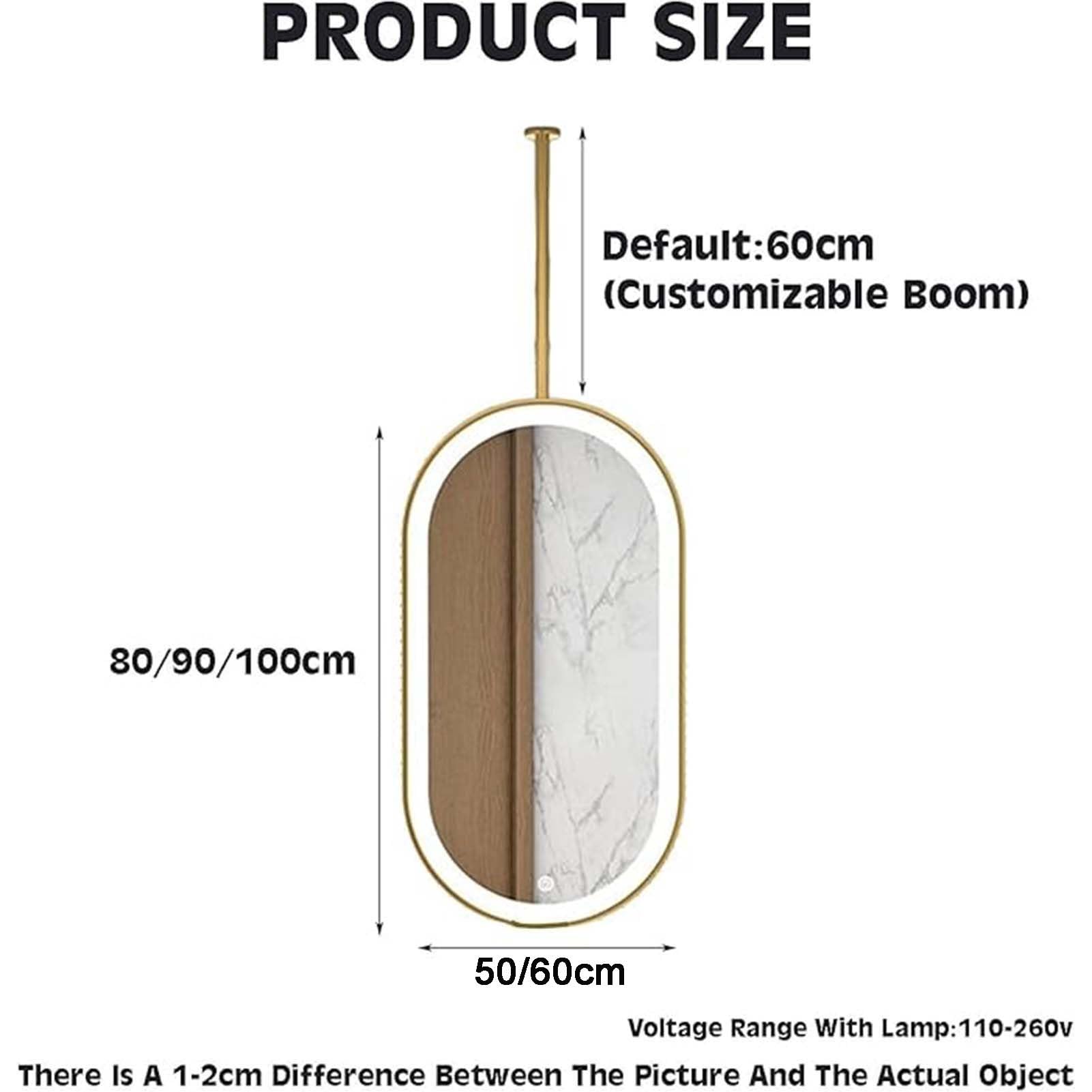 Deckenhängender Spiegel mit Beleuchtung, ovaler Metall-Deckenspiegel, HD-Schminkspiegel, für Badezimmer, Waschraum, Rasur (Ausleger anpassbar) (Schwarz, 60 x 100 cm)