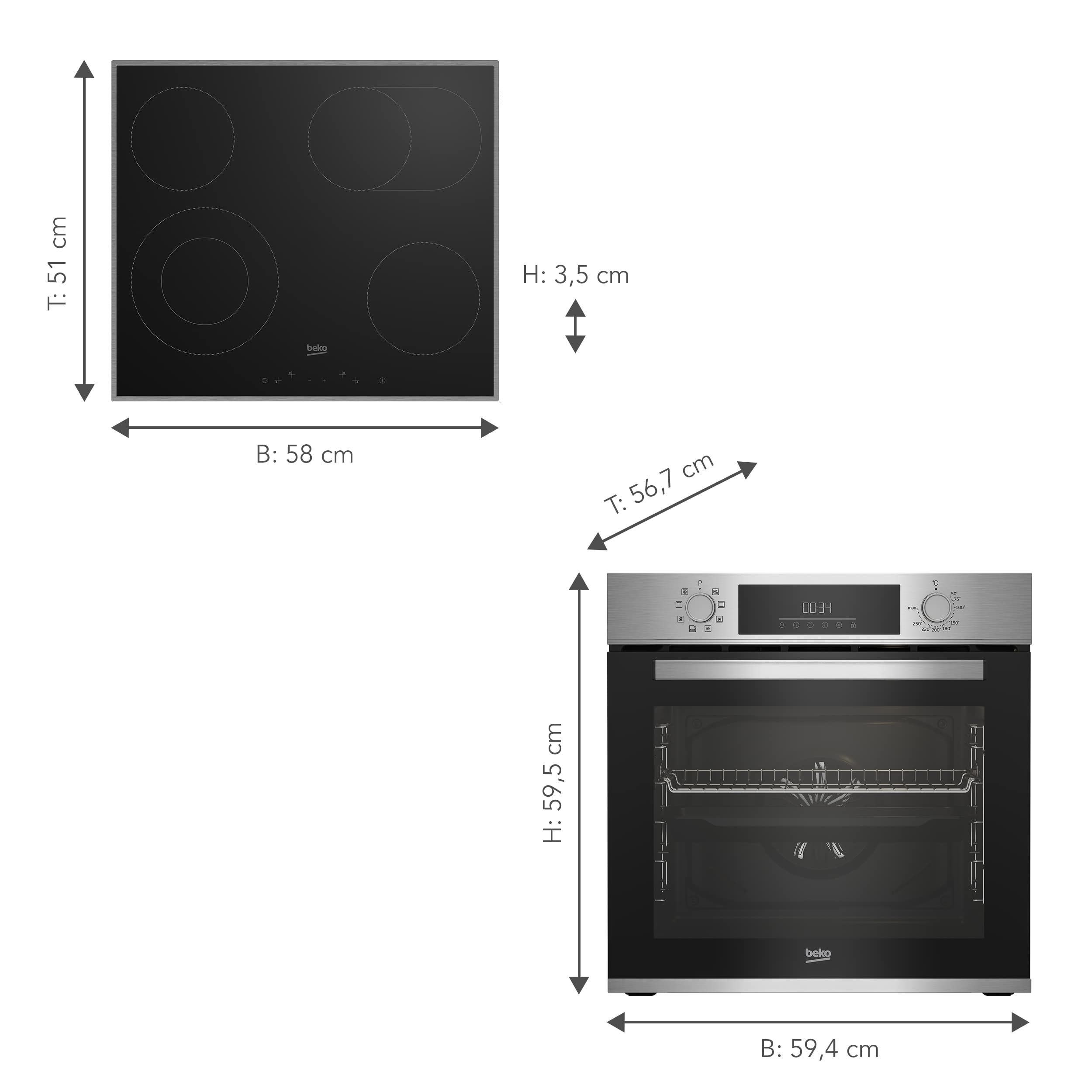 Beko BBSM12320X Einbau-Backofen-Set, Glaskeramik-Kochfeld 4 Kochzonen, Backofen 8 Heizarten, 72 l Garraum, AeroPerfect, Sensortasten, Schwarz/Edelstahl