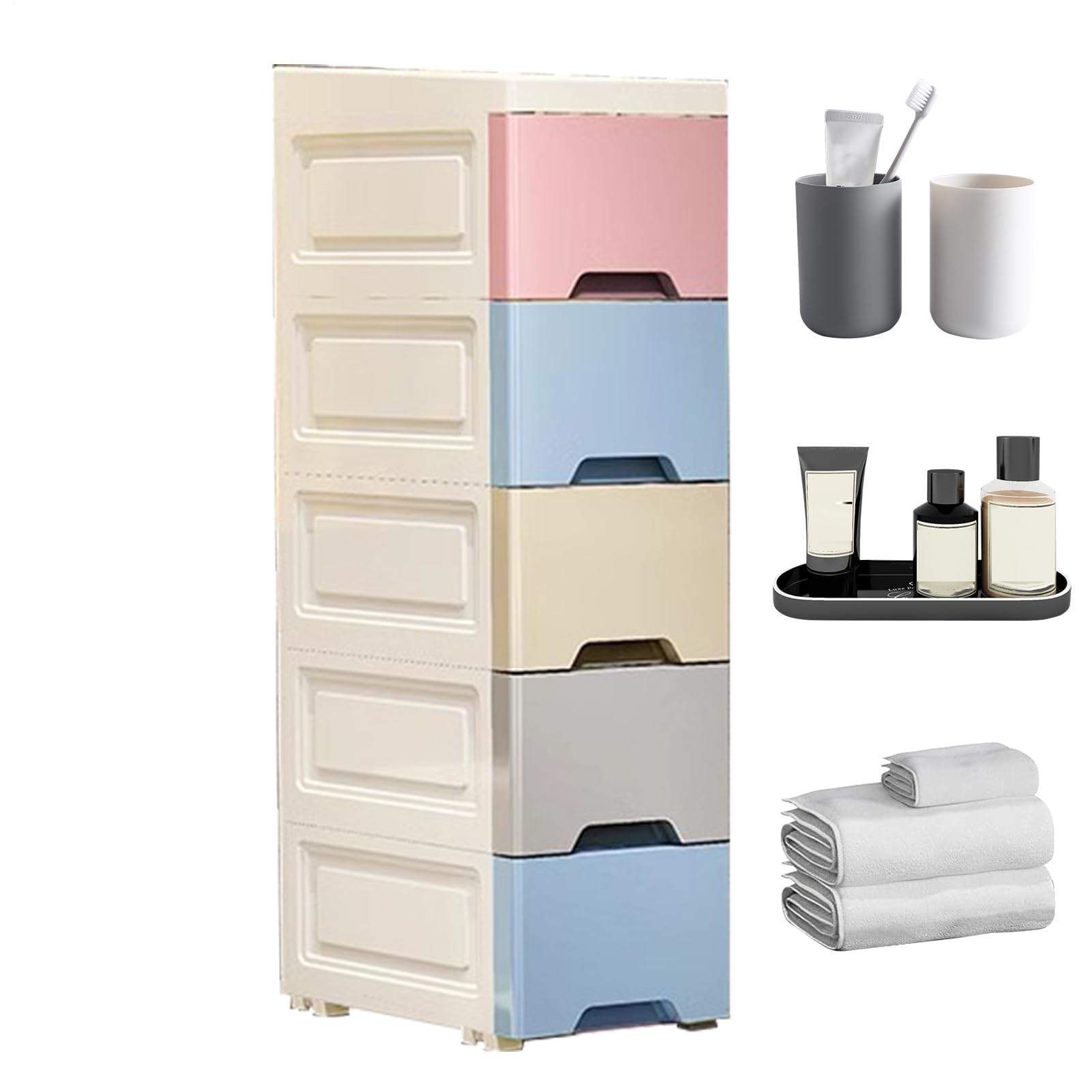 Badezimmerschrank – schmale Badezimmeraufbewahrung | Schrankaufbewahrung | Küchen-Organizerschrank mit Rollen | Schubladendesign mit 5 Ebenen