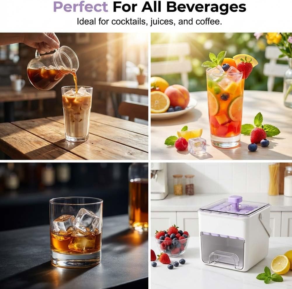 Machine a Glacons,Mini Machine à Glaçons,Portable Avec Couvercle Et Bac De Rangement 48 Glacons à Extraction Par Simple Pression Poignée Cachée Idéale Pour Cocktails