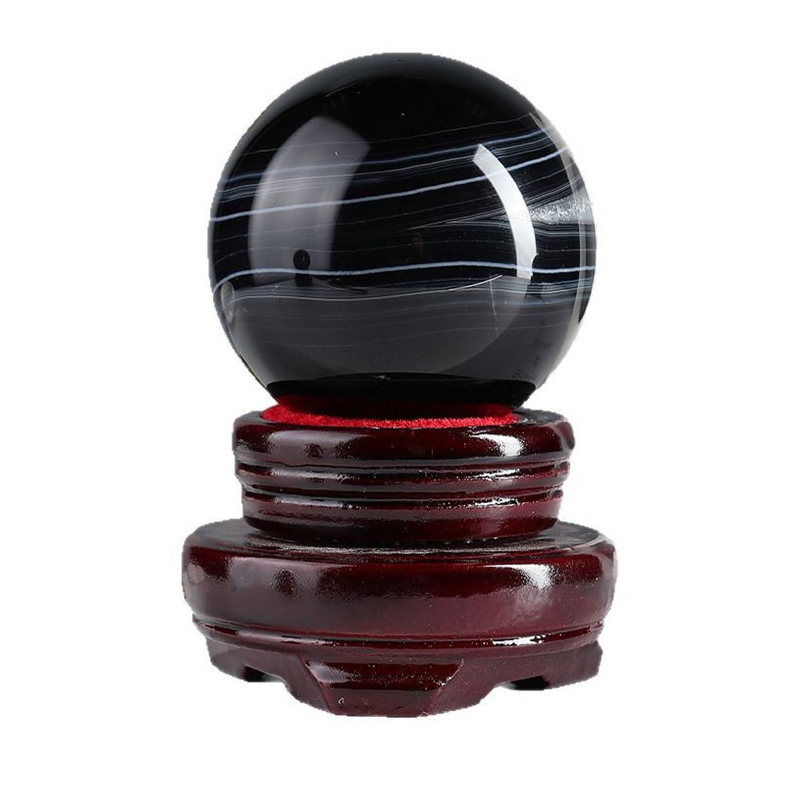AUOQKQUT Crystal Black Agate Geode Ball with Wooden Stand Feng Shui Gemstone Sphere for, Divination, Balance, Yoga, Home, Office Decoration,5~5.5cm