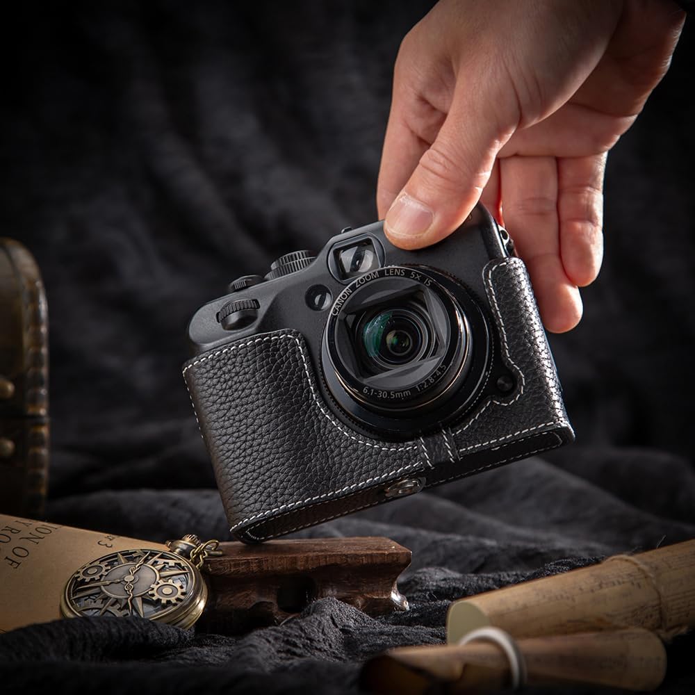 G12 Vintage Genuine Leather Camera Case，Half-Wrap Camera Protector for Canon PowerShot G12 (Black-White line)