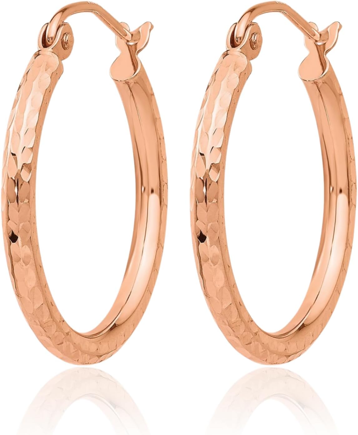 14K Solid Rose Gold Medium Round Hoop Earrings 20mm 3/4 inch Snap Back, Diamond Cut for her IceCarats