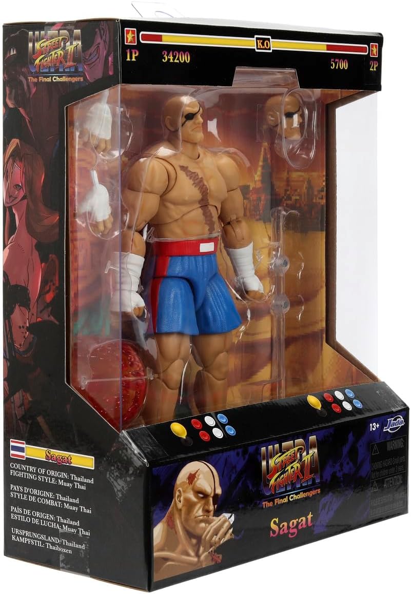 Jada Toys Street Fighter Sagat Figure (7.5-Inch) Street Fighter 2: The Final Challengers Action Figure and Collection, with Alternative Head, Hands and Accessories, Ages 13+