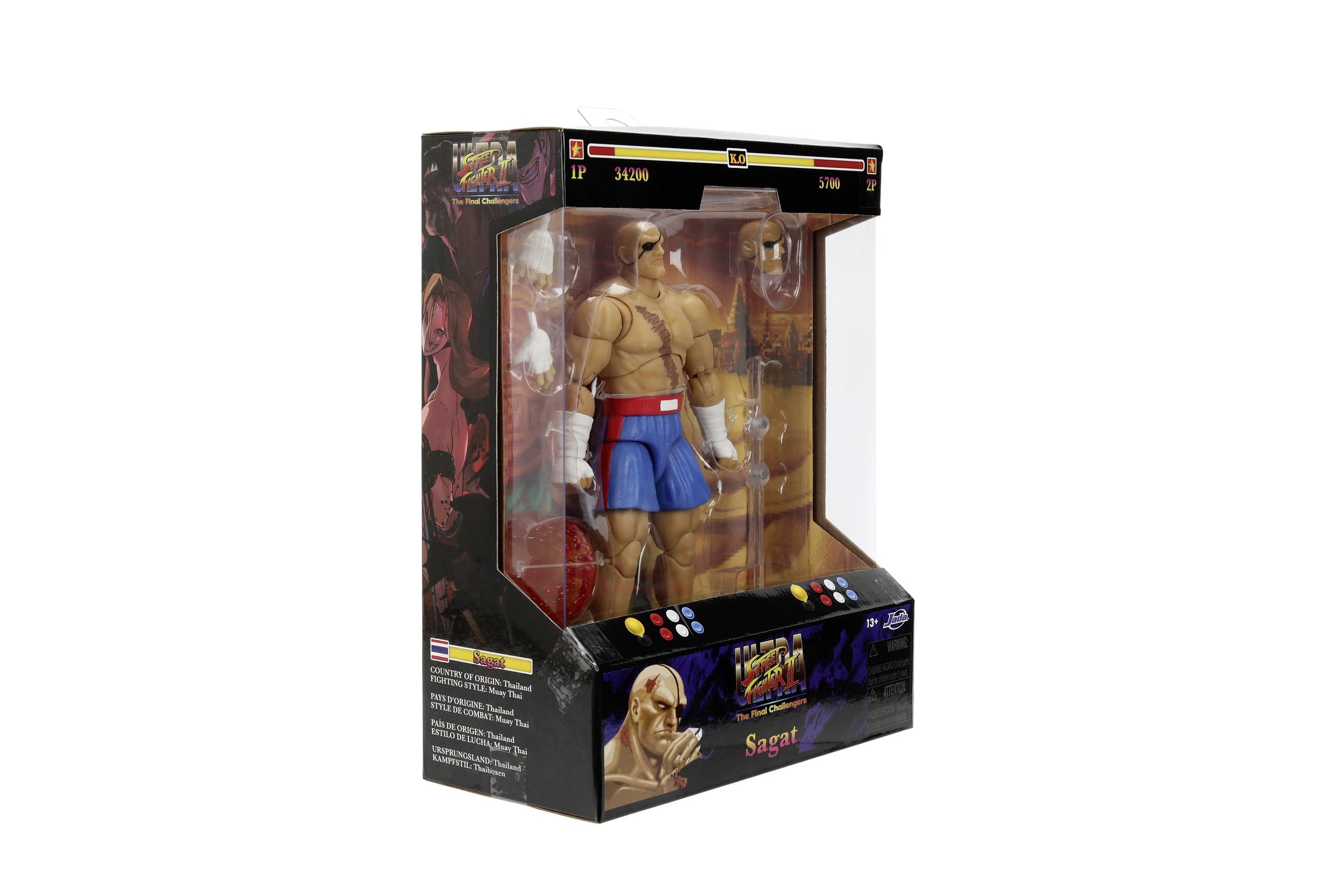 Jada Toys Street Fighter figurka Sagat (19 cm) - ruchoma figurka kolekcjonerska i akcji z Street Fighter 2: The Final Challengers, z alternatywną głową, rękami i akcesoriami, od 13 lat