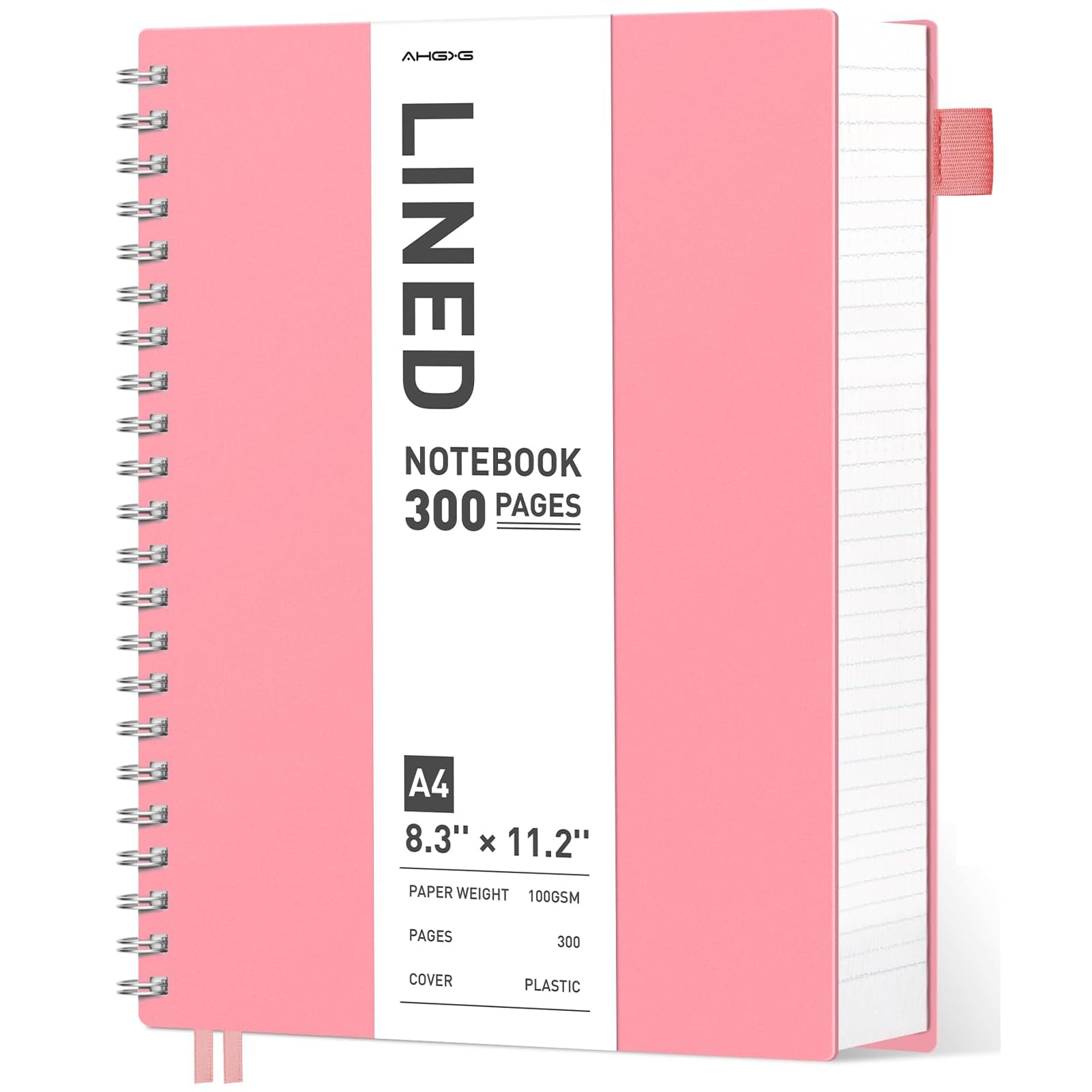AHGXG Notatnik spiralny, notatnik w linie, 21,5 x 28 cm, gruby dziennik dla kobiet, gruby papier 100 g/m², plastikowa twarda okładka, dziennik A4, do pisania, pracy, przybory szkolne, różowy