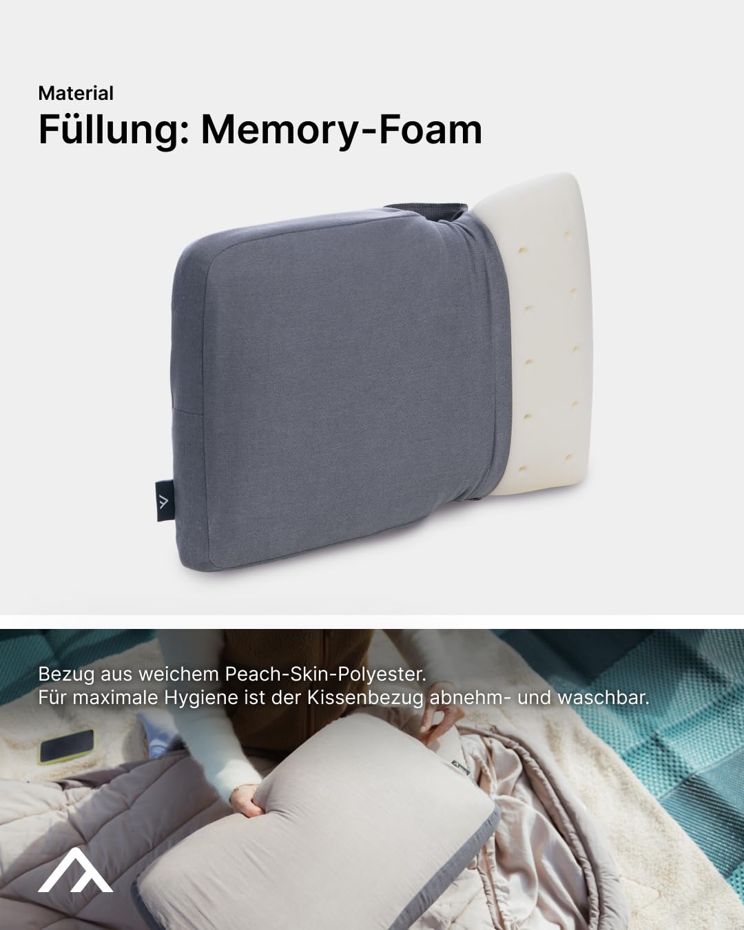 qeedo Comfort Pillow - Max, kompaktes Reisekissen aus Memory Foam (55 x 35 cm) komprimierbar, waschbarer Bezug aus Polyester, Kissen für Camping, Hotel, Ferienwohnung, Home-Bereich
