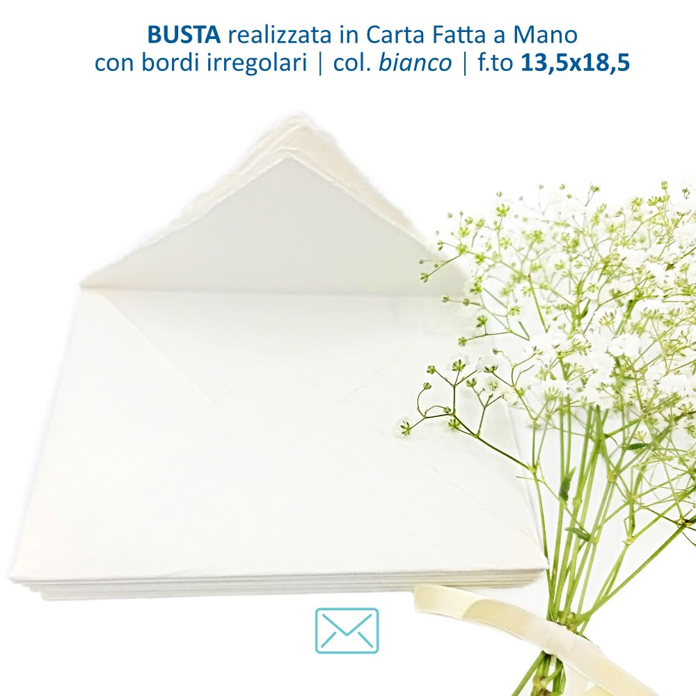 Buste in Carta Artigianale con Bordi irregolari, 13,5x18,5 cm, Confezione da 10, Made in Italy (Bianco)