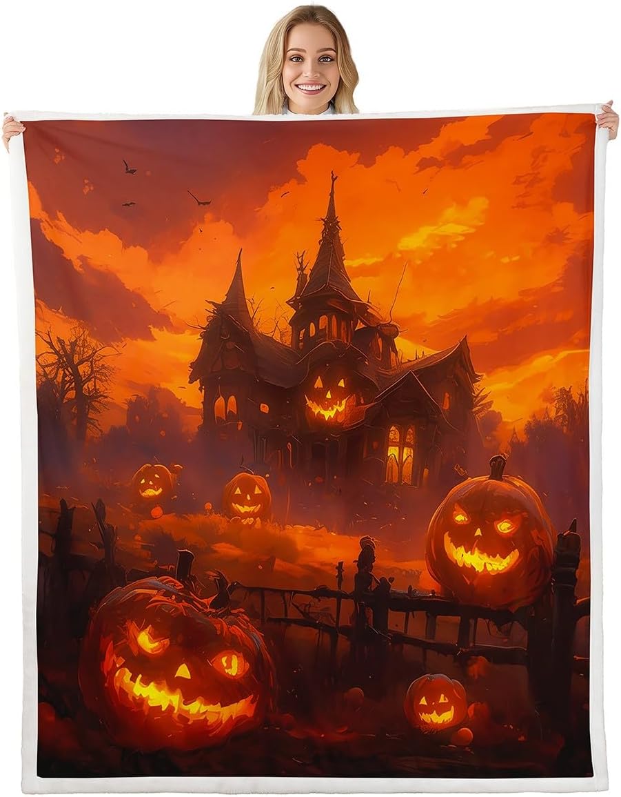 Watercolor Halloween Flannel Blanket,Cartoon Bat Animal Pumpkin Print Fuzzy Blanket for Children,Stars Moon Galaxy Trees Plant Tie Dye Polyester Throw Blanket for Couch, Twin Size (60 x 80 Inch)
