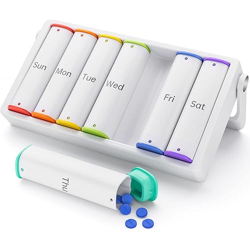 Weekly Pill Organizer 2 Times a Day, KOVIUU Large Travel Pill Box 7 Day, Am Pm Twice Daily Pill Case with Rotatable Handle, Pill Holder Container for Vitamin, Medicine, Supplement, Fish Oil, White