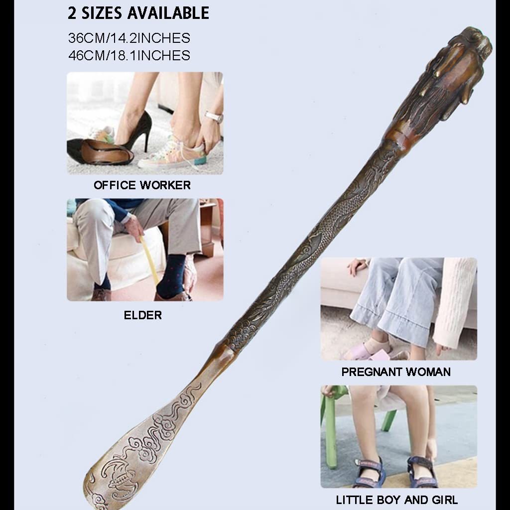Łyżka do butów z długą rączką, Łyżka do butów dla osób starszych Pomyślny wzór smoka. Czysta miedź 36,46cm