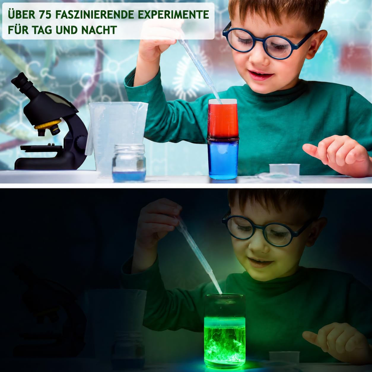 75+ Experimente für Kinder, Glühen im Dunkeln Experimentierkasten mit leuchtenden Reagenzglas, leuchtende Wellen, Bouncy Balls, Weihnachten Geburtstag Geschenk für Mädchen und Jungen