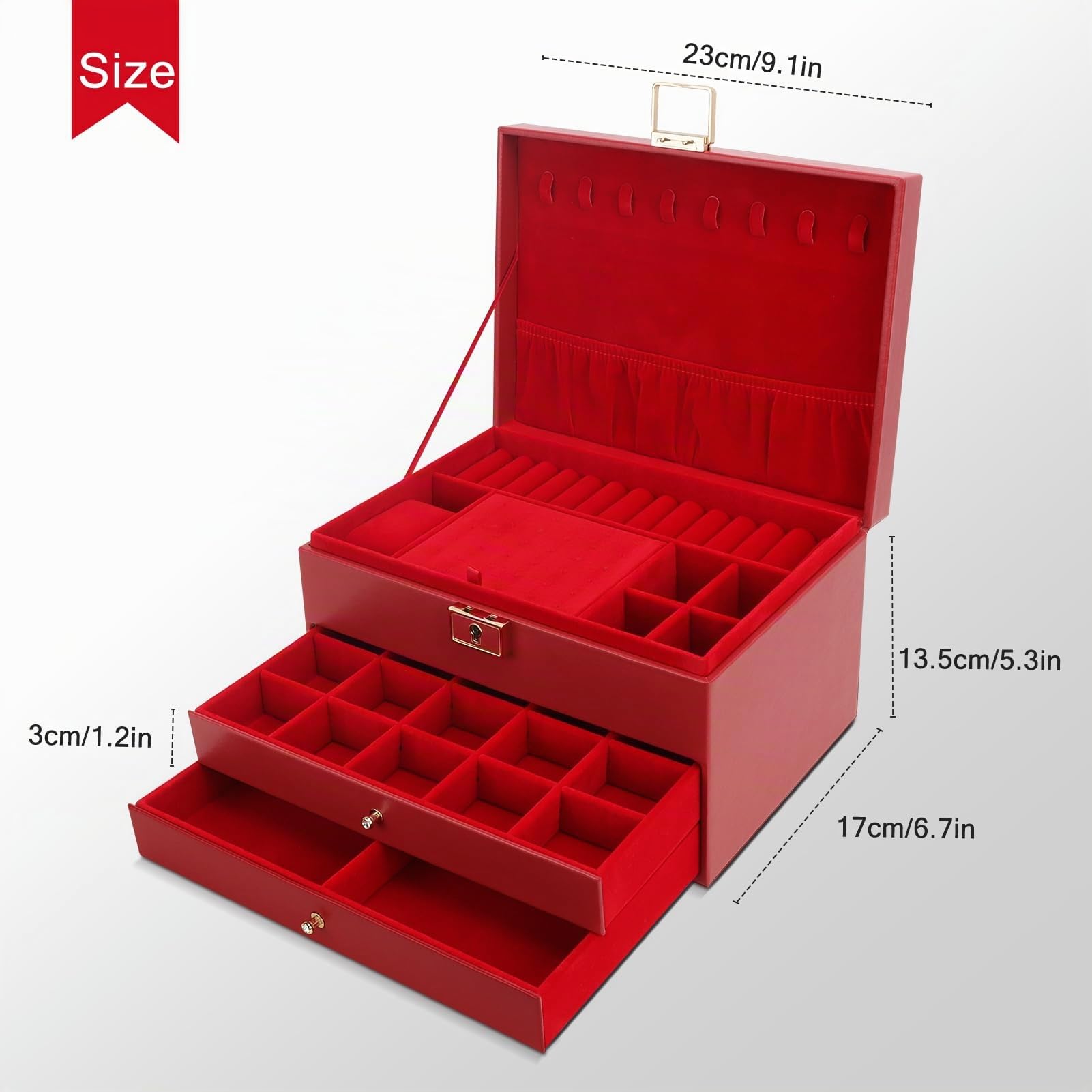 DesignSter Portagioie in pelle con serratura, 2 cassetti, 3 strati custodia per collane, orecchini, bracciali, anelli - rosso