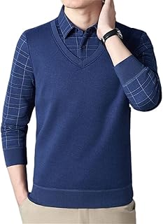 メンズ ニット ボトムス シャツ フェイクツーピース セーター メンズ ベルベット 厚手 メンズ 長袖シャツ(XL code)