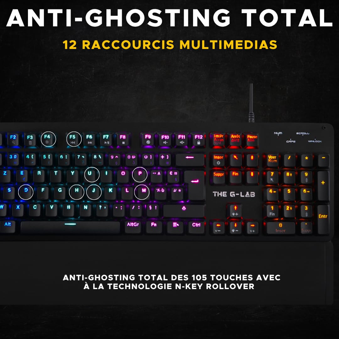 The G-Lab - Keyz Carbon E Clavier Mécanique Gamer Azerty Blue Switches Ultra Précis - 16 Effets de Rétro-Éclairage - Repose-Poignets Magnétique - Compatible PC PS4/PS5 Xbox One/Series X - New