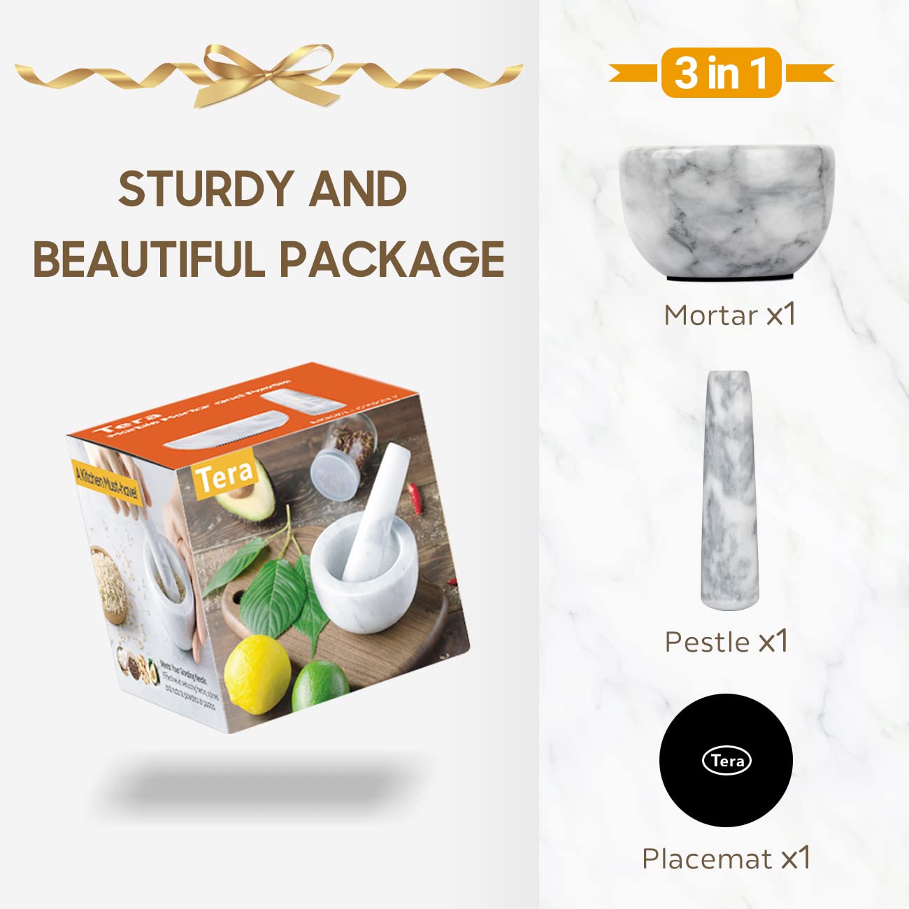 Tera Mortar and Pestle Set Marble Small Bowl Solid Stone Grinder Spice Herb Grinder Pill Crusher White, Diameter 3.93": Home & Kitchen