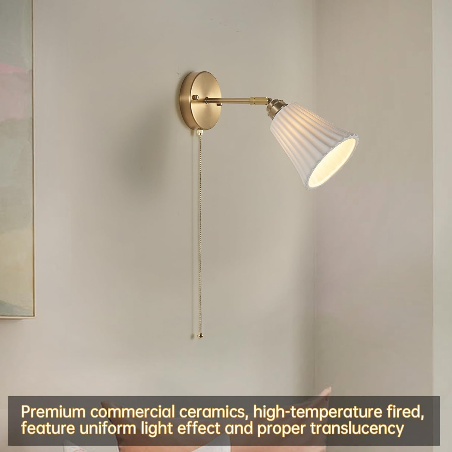 2-Pack Modern Gold Ceramic Hardwired Swing Arm Wall Sconces with Pull Chain Switch Indoor Wall Light Fixtures for Living Room, Bedroom, Kitchen & Home Office