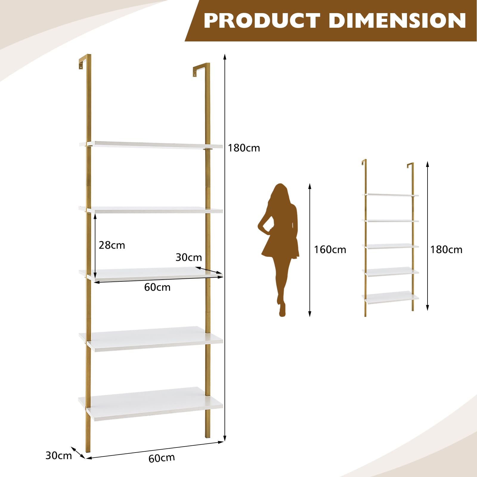 5 niveaus ladderrek, wandgemonteerde boekenkast met metalen frame, ope