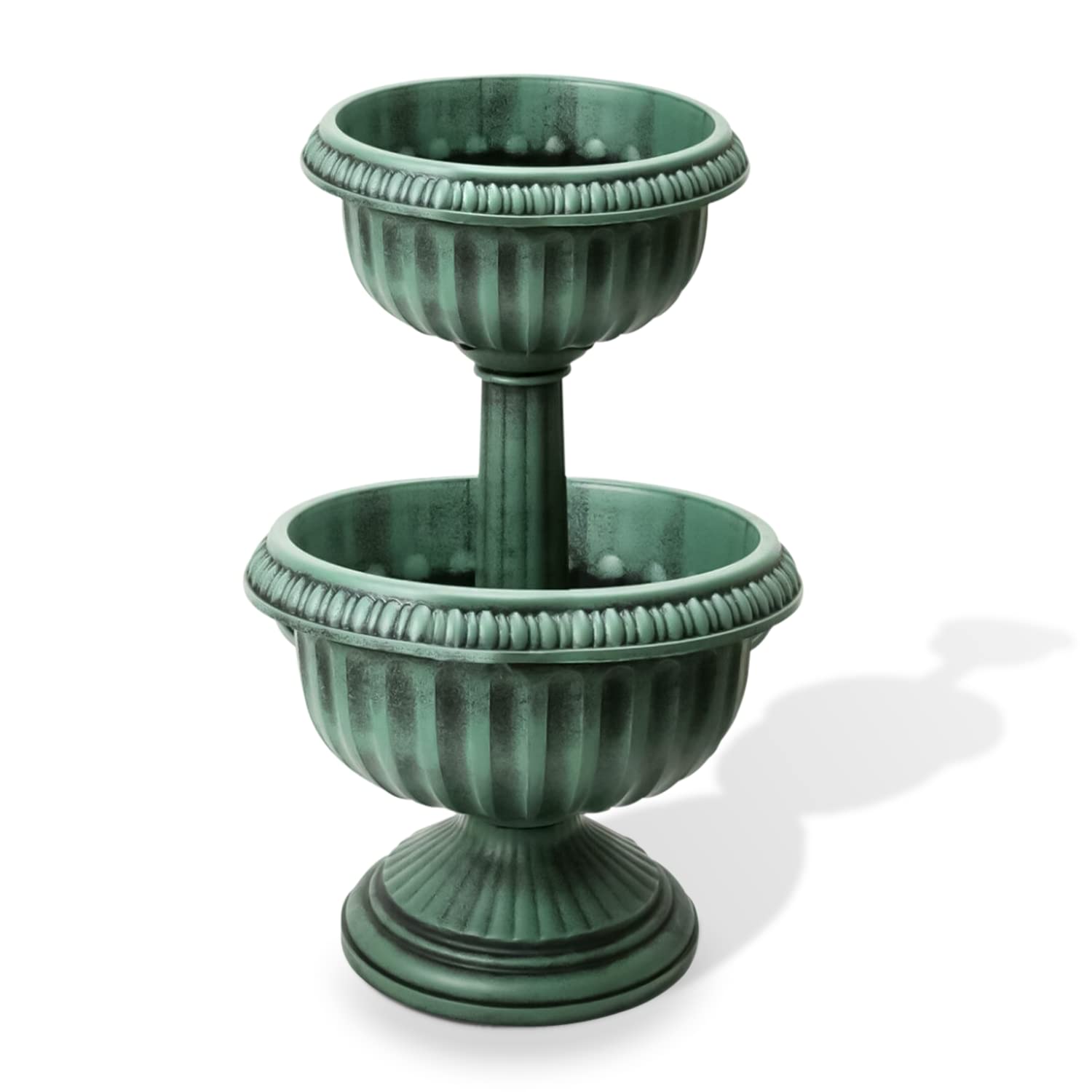 Crystals 2 Tier Planter Display Flowers/Plants Antique Effect Stable Base Outdoor Garden Patio Decking Balcony Indoor Decor Green