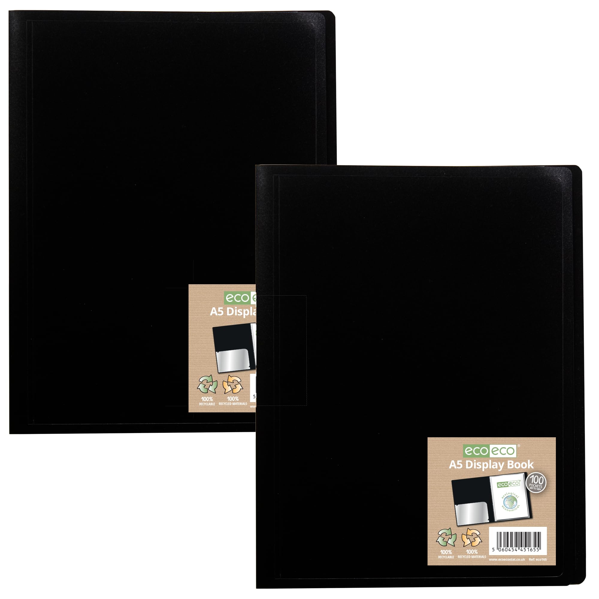 eco-eco A5 100% Recycled 100 Pocket Black Flexible Cover Portfolio Book Folder Display Book, Pack of 2 Folders, eco165x2