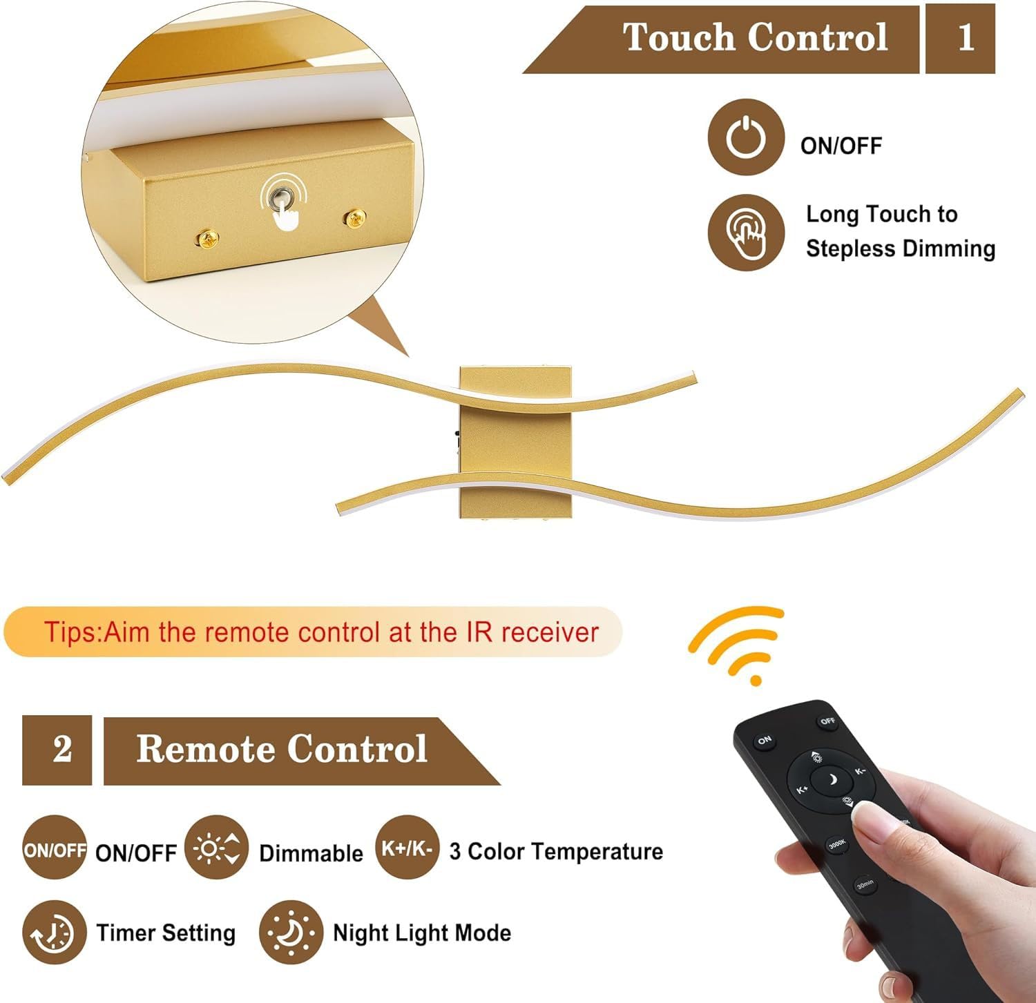 EaEa 100cm LED Akku Wandleuchte Kabellos, Dimmbar mit Fernbedienung & Timer, USB-Aufladbar 6000mAh, Ohne Bohren Schwarz Moderne Wandlampe Innen für Wohnzimmer Schlafzimmer Flur,Gold 1pack