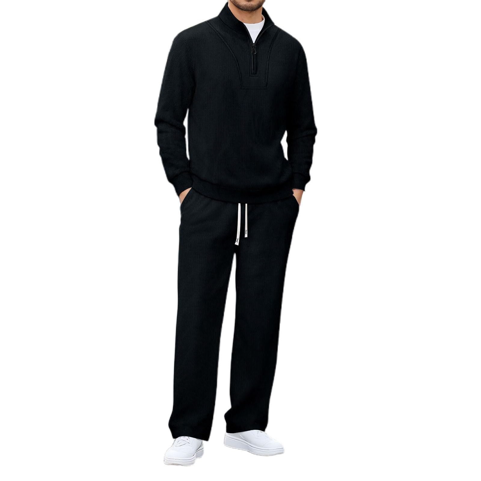 Generisch Traje de ocio para hombre con cremallera, chándal para hombre, de punto, cuello alto, sudadera y pantalones de chándal, conjuntos de 2 piezas, traje deportivo transpirable, traje de gofre