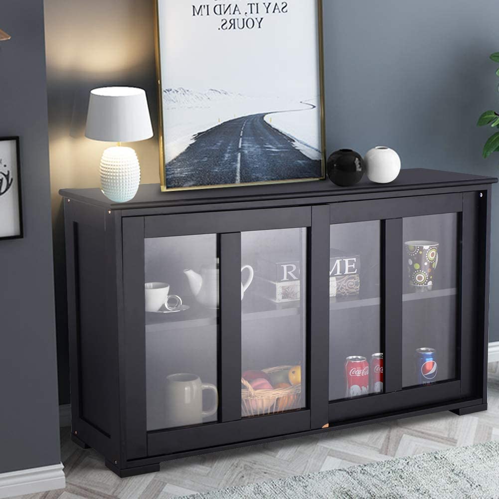 Armario de almacenamiento apilable de cocina con estantes de altura ajustable y puertas correderas de vidrio, aparador de consola de buffet, color negro 2