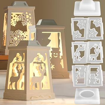 3D Hollow Out Christmas Candle Holder Silicone Molds for Crafts Cartoon Elk Snowman Snowflake Spliced Lantern Candle Holders Christmas Molds Silicone Mold for Plaster Aromatherapy Candlestick Holders
