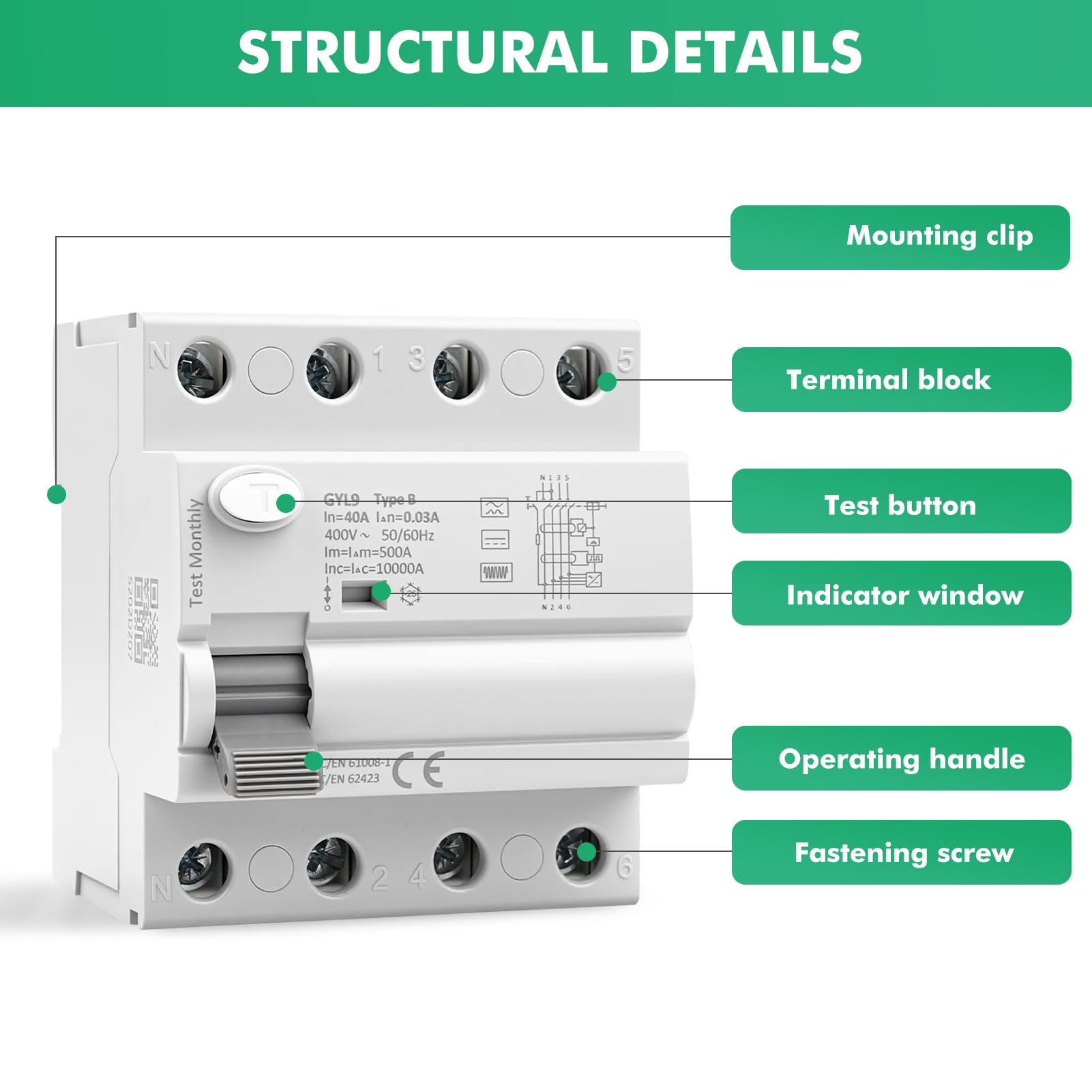 Interruttore magnetotermico differenziale 40A 30mA tipo B Salvavita 3P+N 10 kA RCCB AC400V interruttore differenziale a riarmo automatico per stazioni di ricarica e attrezzature industriali GYL9