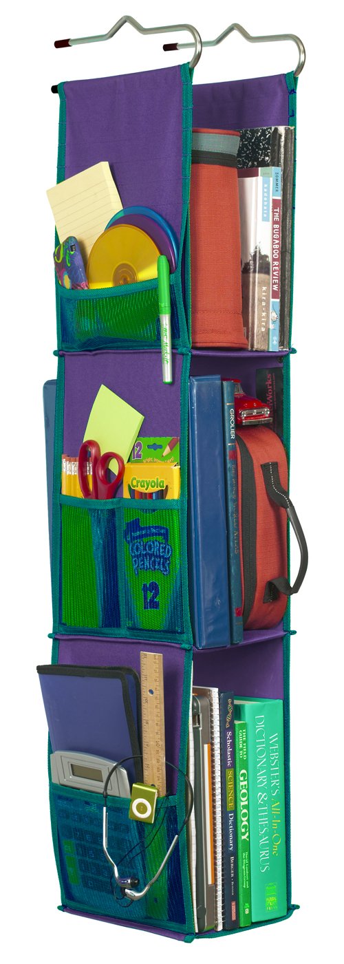 LockerWorks (Purple/Teal) - 3 Shelf Hanging Locker Organiser, 22-100cm Tall, Side Pockets, Suspends from Hooks, Shelf, or Closet Rod - Purple/Teal