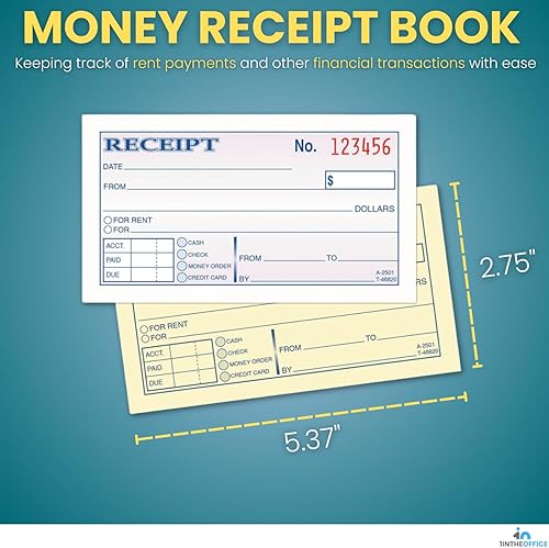 Miniatura 2 de 1InTheOffice Recibo de dinero y alquiler, 2-3/4 x 5-3/8 pulgadas, 2 piezas, sin carbono, blanco/canario, 50 juegos por libro (2 libros)