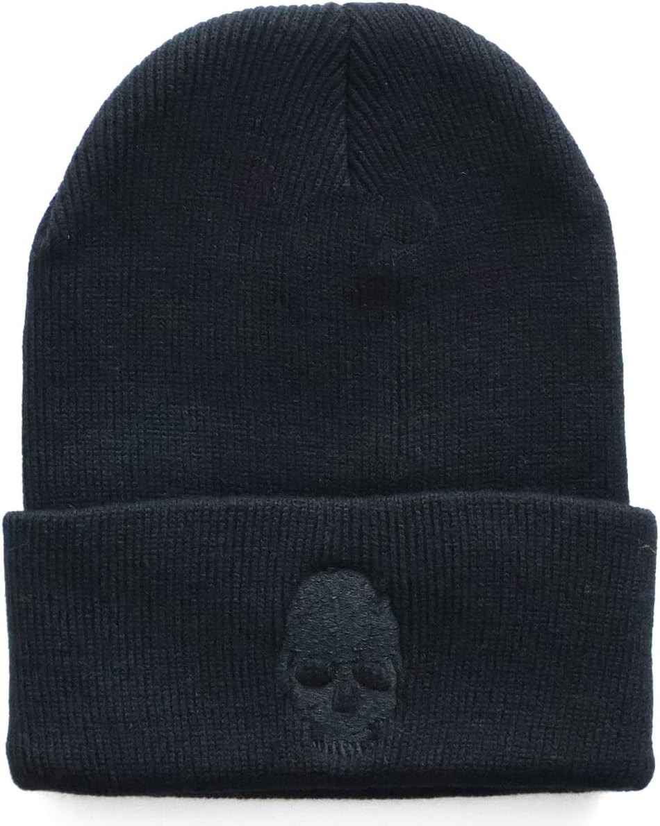 Black Boys Mens Beanie Hat w Skull Skeleton Logo Warm Winter Wool Knit Headwear Goth Gothic Punk