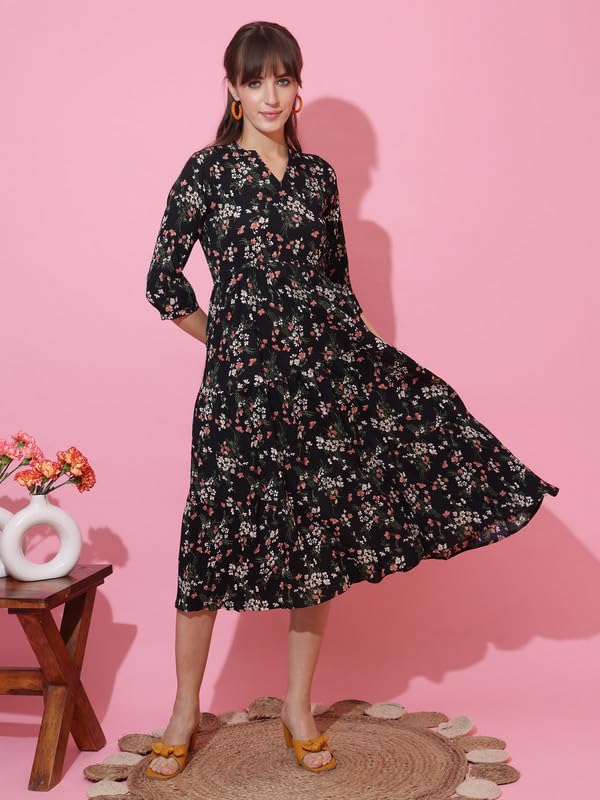 Image of Sheetal Associates Women's Casual 3 /4 Sleeve Crepe Fit and Flare Dress| Comfortable Relaxed Fit Summer Party Dress