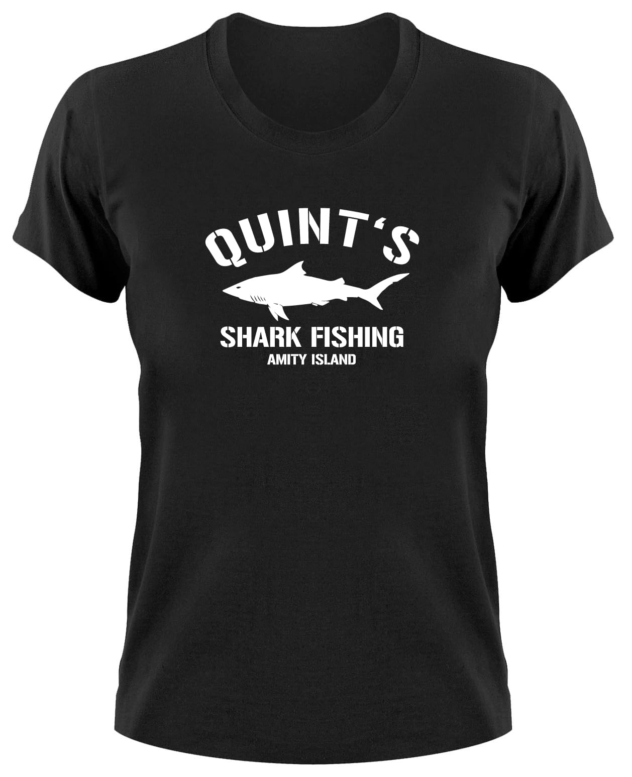 Styletex23 Women's Black Quint's Shark Fishing Amity Island T-Shirt, M,