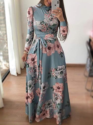 Miniatura 2 de Vestido largo casual con estampado floral para mujer, manga larga, cuello alto, ajustado, cintura alta, acampanado, con cinturón