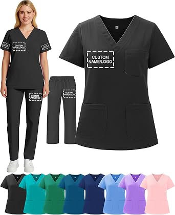 Custom Scrubs with Pocket Personalized Nurse Uniform Top Pants Set Customized Esthetician Spa Workwear with Logo Name