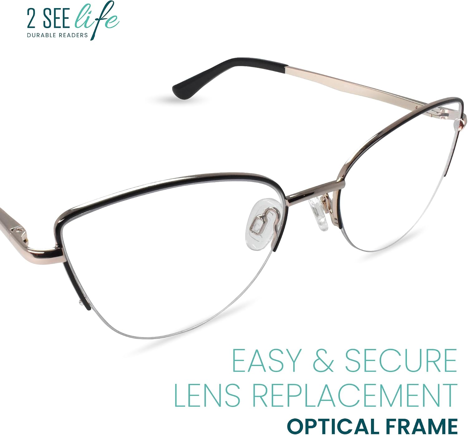 2SeeLife Premium Metal Cat Eye Reading Glasses for Women – Narrow–Medium Fit, Durable & Sturdy Frame, Cateye Readers, Black, +1.25
