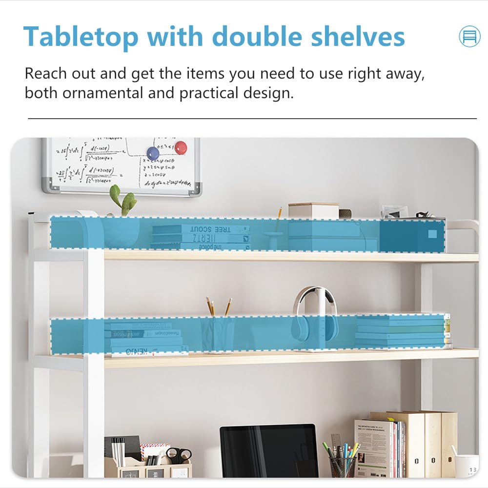 80 x 50 cm, Scrivania per Computer a 4 Livelli, con Vano Portaoggetti, con Libreria, Tavolo per Ufficio, Studio, Camera da Letto, Bianco e Beige Chiaro