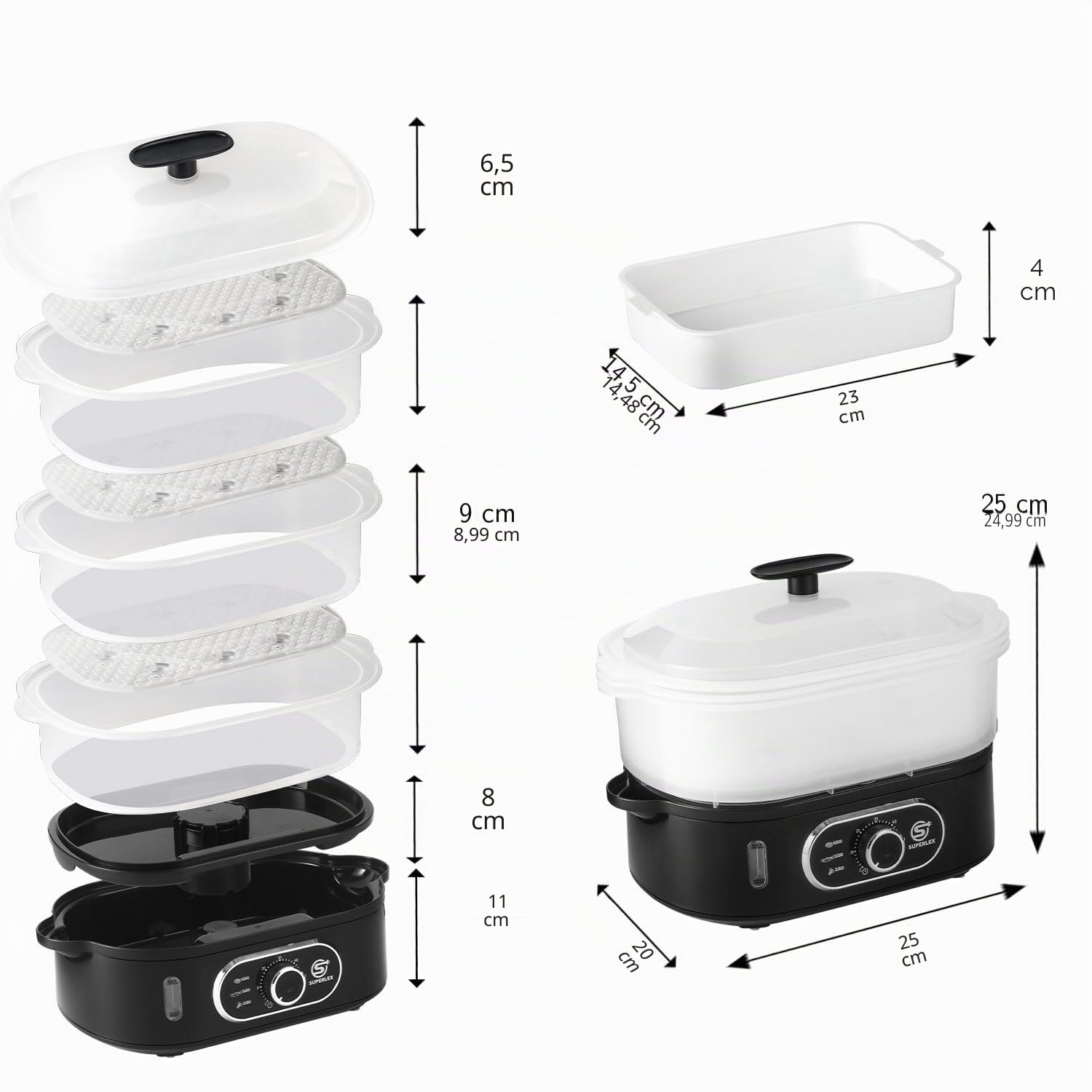 Cuiseur vapeur électrique à 3 niveaux, cuiseur à la vapeur pour légumes avec une capacité de 12 l, 3 bols de cuisson amovibles et couvercle, minuteur de 60 minutes, arrêt automatique, sans