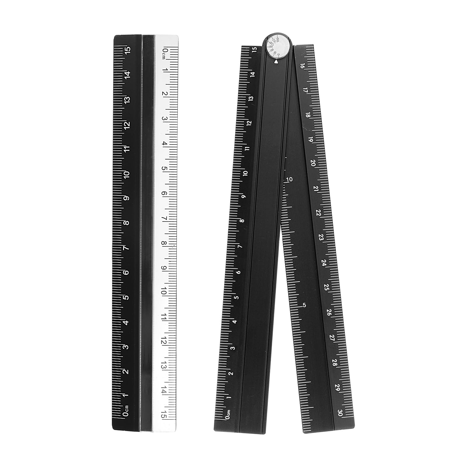 sourcing map Folding and Straight Ruler Kit 30/15cm Metric Aluminum Alloy Plastic Protractor Foldable Angle Ruler for Home Classroom Office, Black