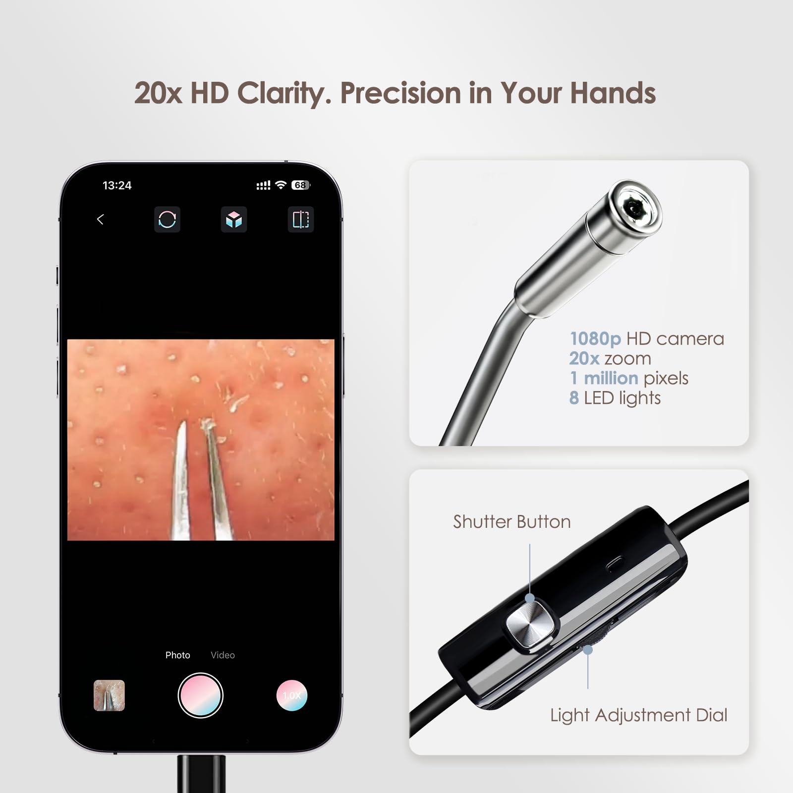 Luma 1 Visual Blackhead Remover Tweezers with Camera, Pimple Popper Tool with Camera 20x Magnification, 1080P, 8 LED Lights - Image 4