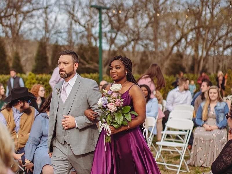 Miniatura 4 de Vestido de dama de honor de satén con cuello en V para mujer, largo, plisado, vestido formal con abertura