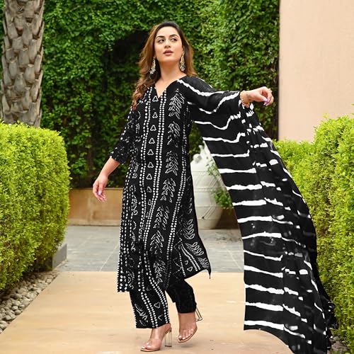 Image of ANNI Designer Women's Rayon Blend Straight Bandhej Printed Kurta with Pant & Dupatta