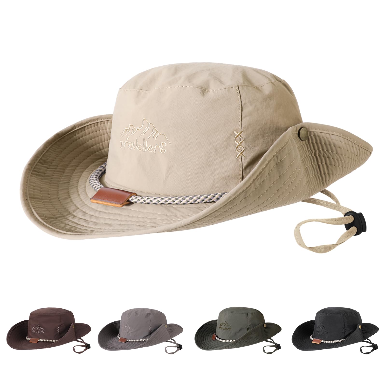 TAGVO Protección UV Sombrero de Pescador Sombrero para Pesca Hombre, Sombrero para el Sol Plegable ala Ancha Bucket Hat Sombrero de Safari Cuerda Trenzada Gorras de Senderismo Gorra de Sol de Jungla