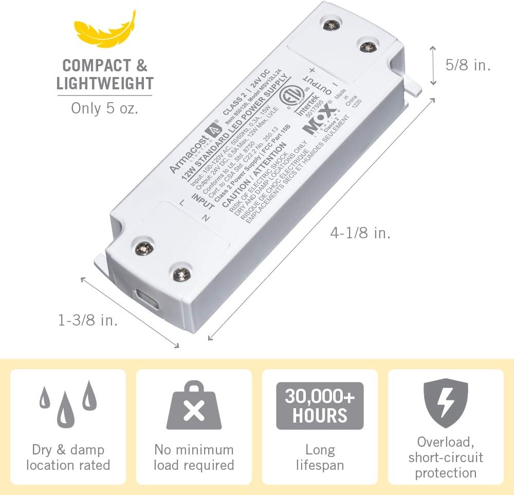 White 12W 24V LED Power Supply with Detachable Cord