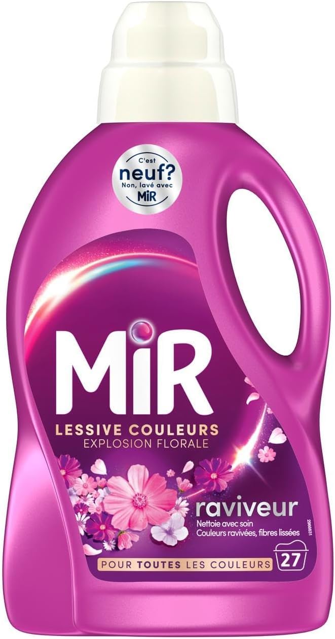 Mir - Lessive Liquide Couleurs - Explosion Florale -Main & Machine - Raviveur - Formule 3en1 - Couleurs - Fibres - Fraîcheur - Nettoie avec Soin - Pour Toutes les Couleurs - 27 Lavages - Lot de 8