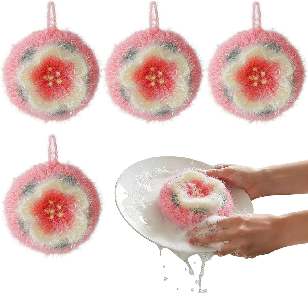 4 Pack Cherry Blossom Shaped Acrylic Dish Scrubber with Lanyard - Reusable Kitchen Scrubbies for Dishes,Hand Crochet Non Scratch Dishwashing Sponges and Scrub Pads,Cleaning Kitchen Tools